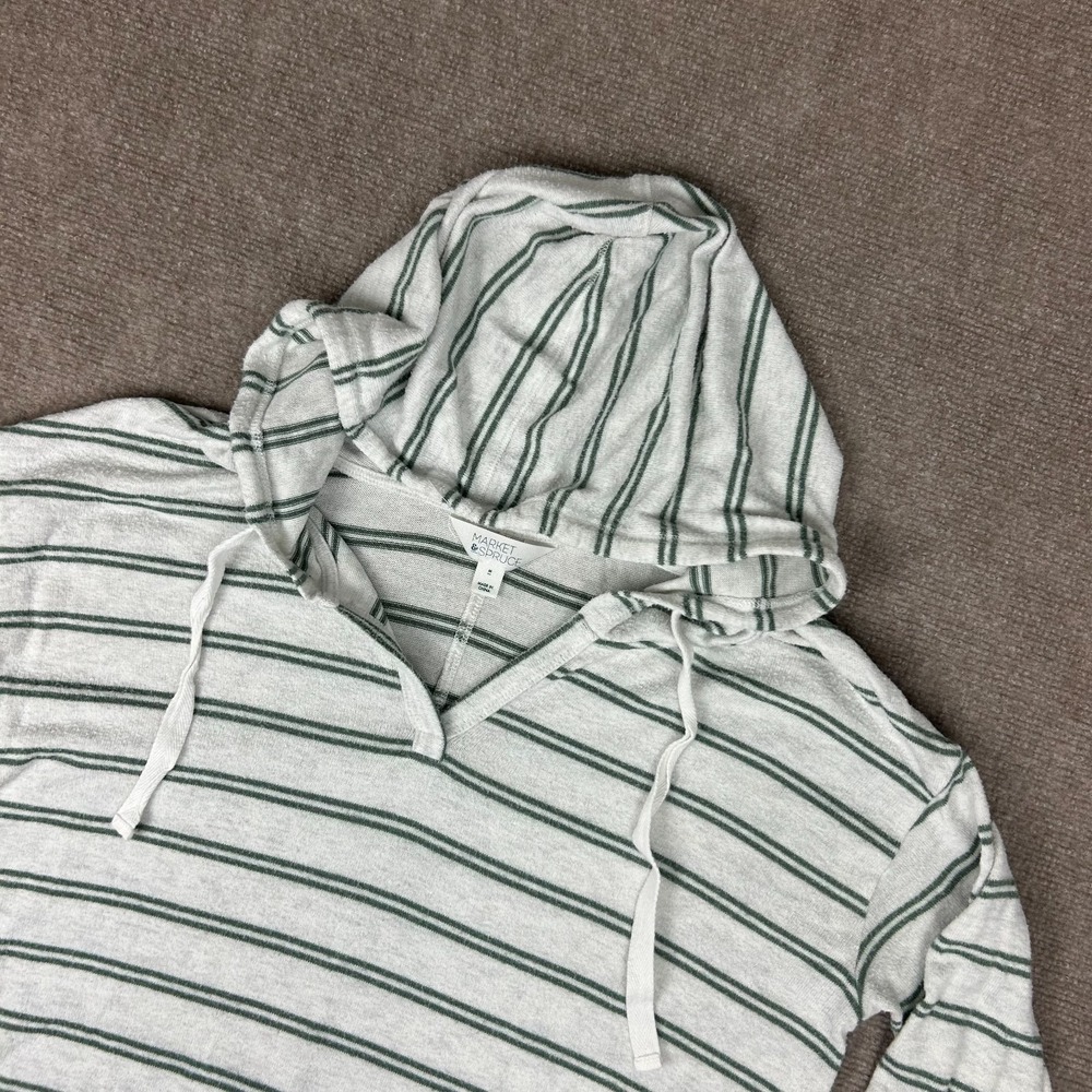 Market & Spruce Kallon Hoodie Womens‎ M Gray Green Striped V Neck Brushed Knit